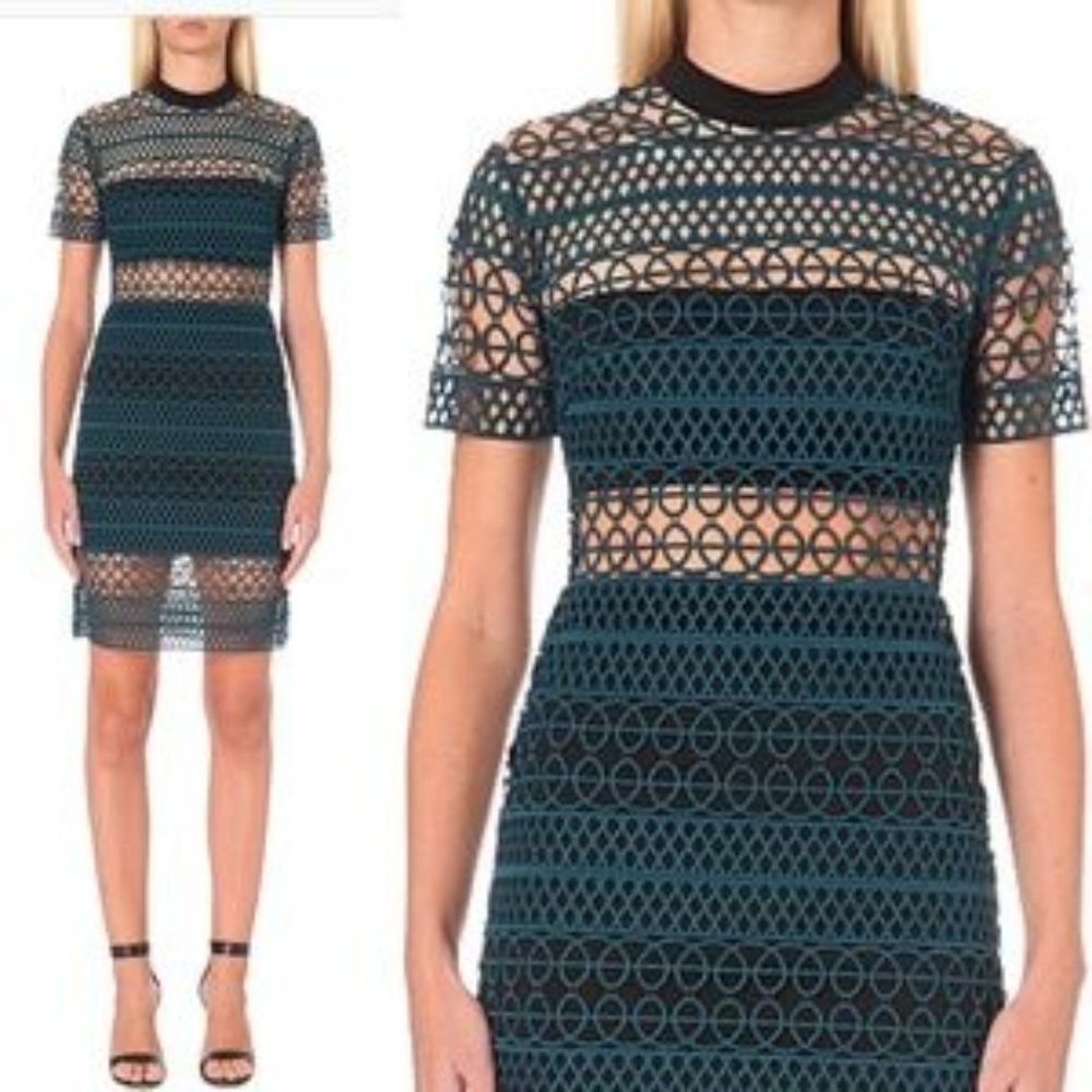 Self Portrait Column Mini Dress Green Black Lace 2